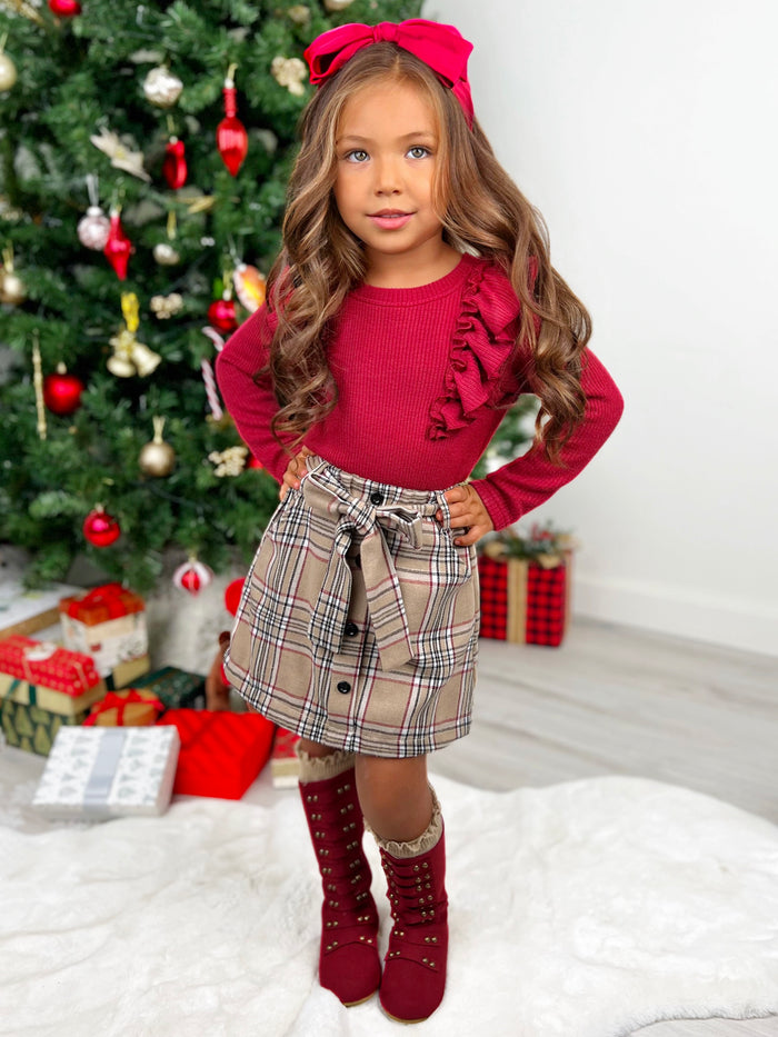 Plaid Chic Girls Ruffled Top and Brushed Fleece Skirt Set Mia Belle Girls