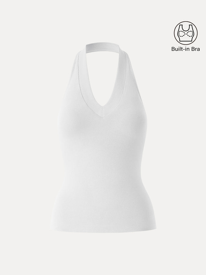 OGLmove Plantive Halter Neck Open Back Bra Tank White XS