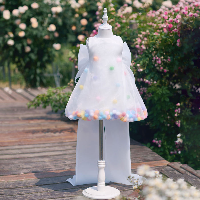 Playful White Flower Girl Dress with Colorful Pom Poms Cute Sheer Tulle Toddler Birthday Party Gown J913