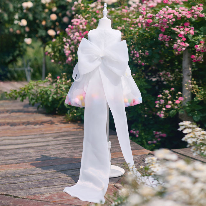 Playful White Flower Girl Dress with Colorful Pom Poms Cute Sheer Tulle Toddler Birthday Party Gown J913