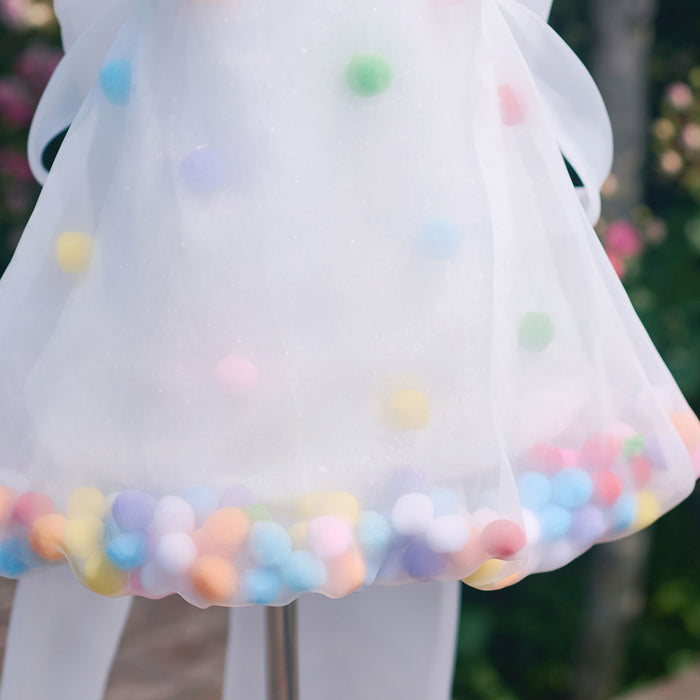 Playful White Flower Girl Dress with Colorful Pom Poms Cute Sheer Tulle Toddler Birthday Party Gown J913