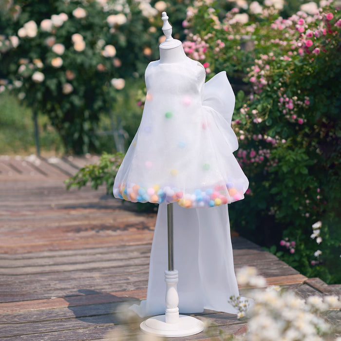 Playful White Flower Girl Dress with Colorful Pom Poms Cute Sheer Tulle Toddler Birthday Party Gown J913