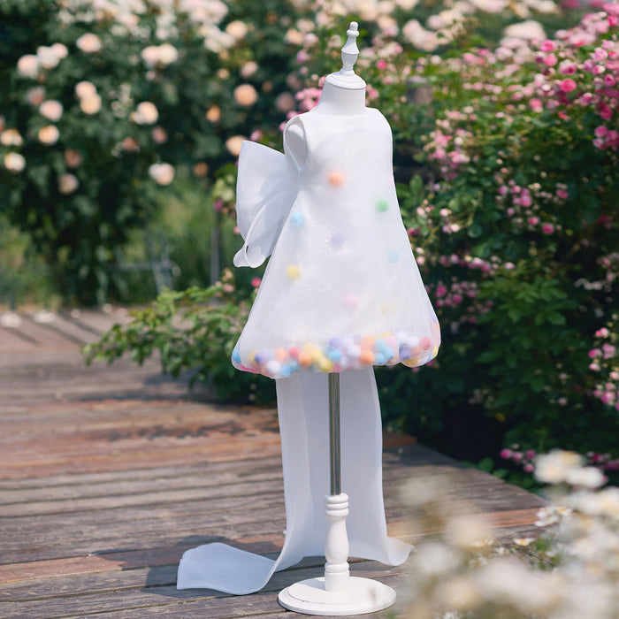 Playful White Flower Girl Dress with Colorful Pom Poms Cute Sheer Tulle Toddler Birthday Party Gown J913