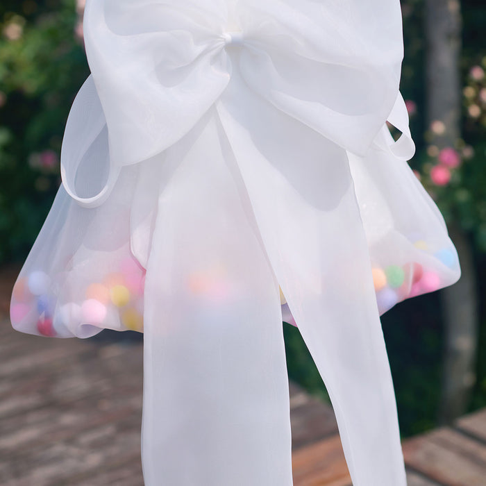 Playful White Flower Girl Dress with Colorful Pom Poms Cute Sheer Tulle Toddler Birthday Party Gown J913