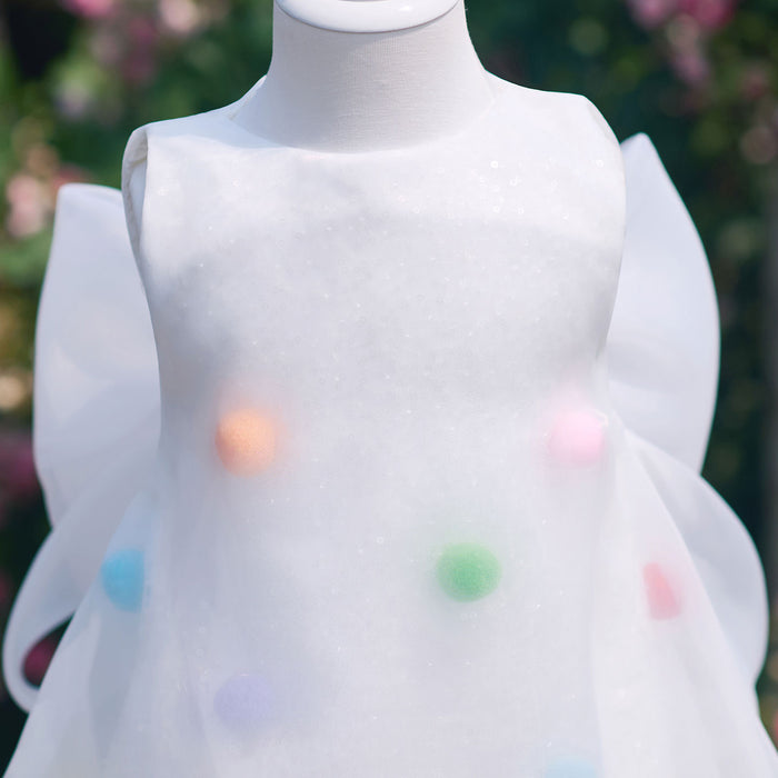 Playful White Flower Girl Dress with Colorful Pom Poms Cute Sheer Tulle Toddler Birthday Party Gown J913