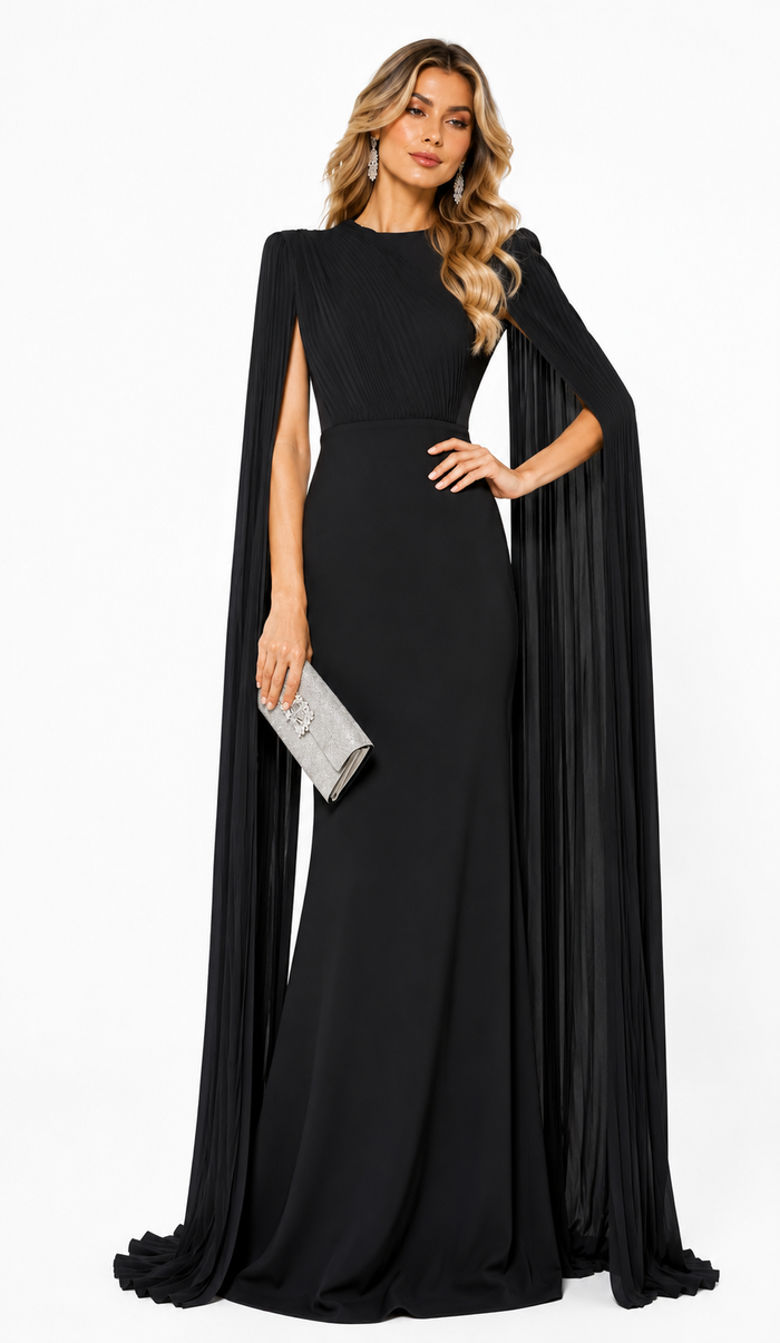 Pleated Cape Sleeve Evening Gown - Grace