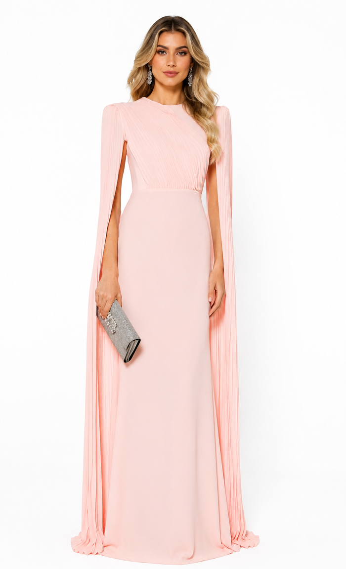 Pleated Cape Sleeve Evening Gown - Grace