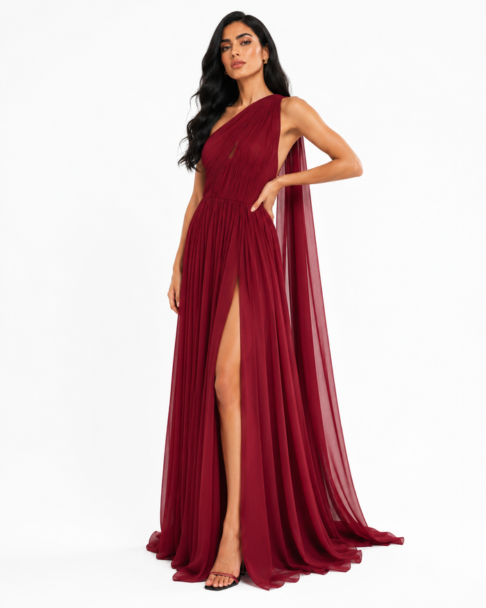 Pleated One-Shoulder Maxi Dress – ARIA