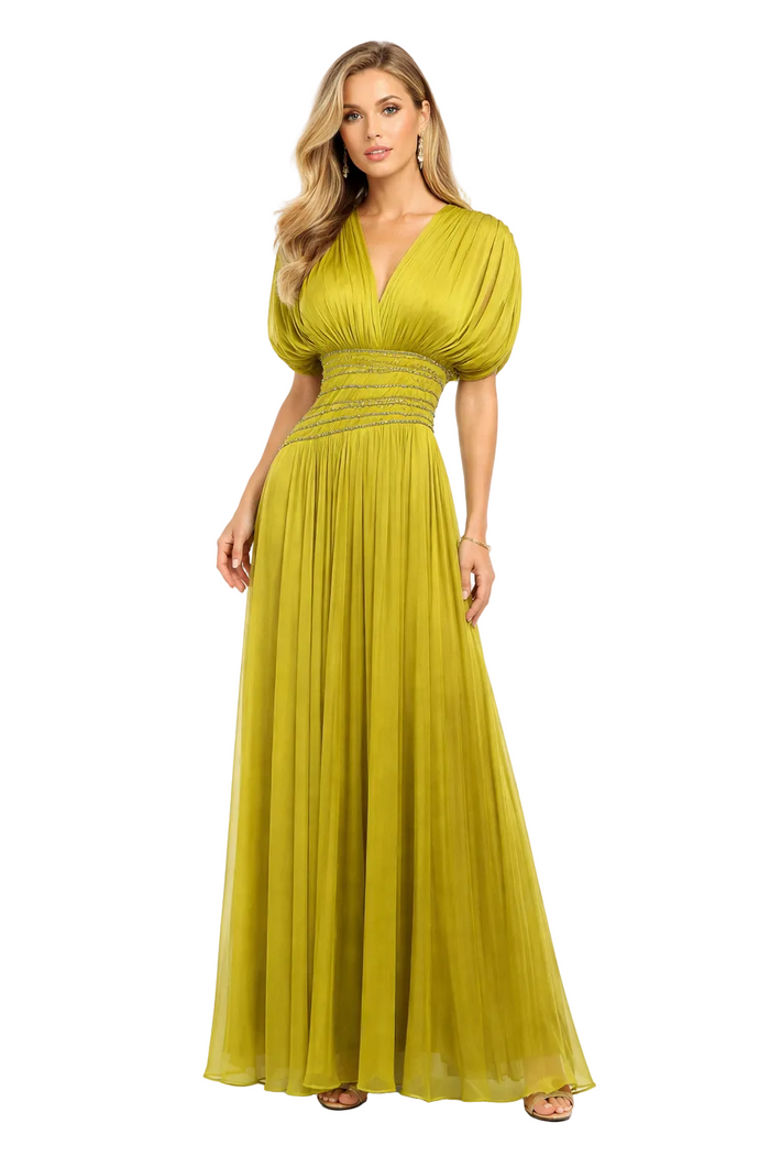pleated V-neck maxi dress with ruched waist detail – LUMINA