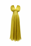 pleated V-neck maxi dress with ruched waist detail – LUMINA