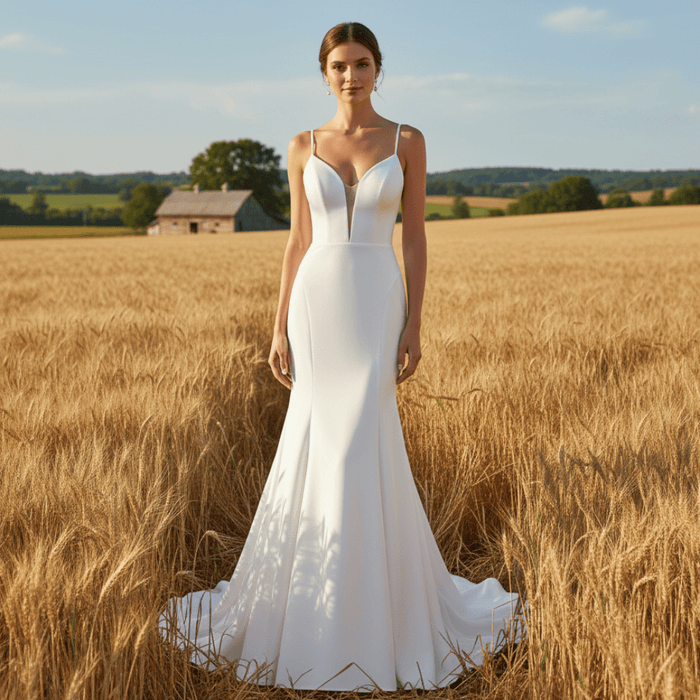 Plunging Vneck Fit and Flare Wedding Dress with Spaghetti Straps - Rosymae