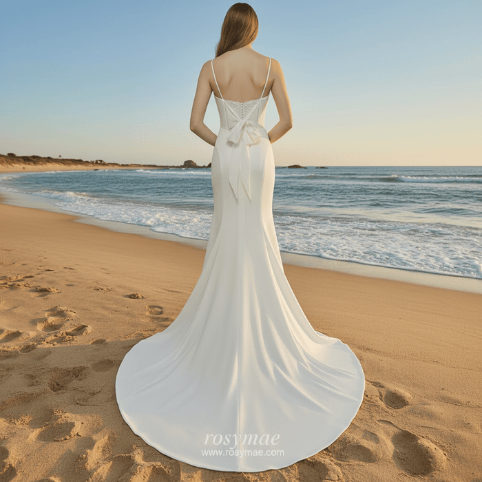 Plunging Vneck Fit and Flare Wedding Dress with Spaghetti Straps - Rosymae