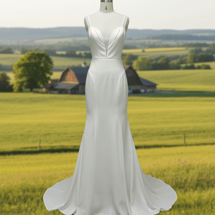 Plunging Vneck Fit and Flare Wedding Dress with Spaghetti Straps - Rosymae