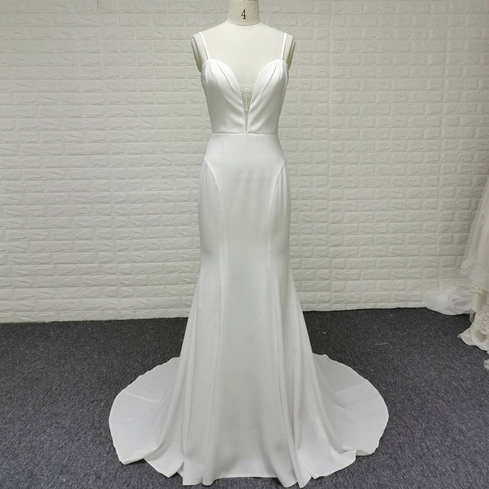 Plunging Vneck Fit and Flare Wedding Dress with Spaghetti Straps - Rosymae