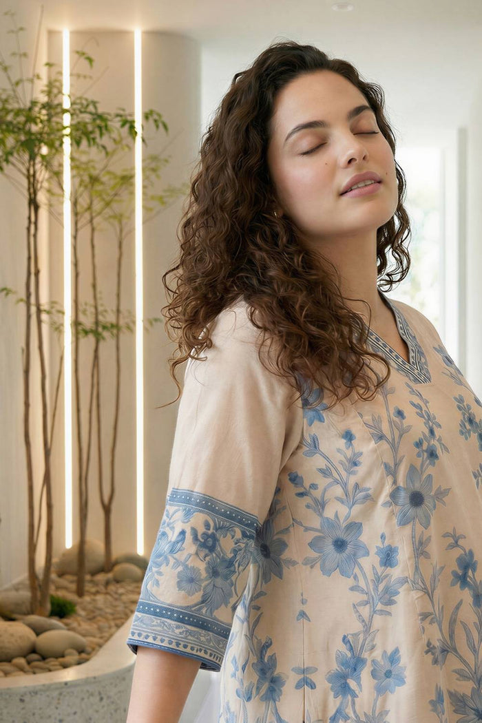 Plus Size Beige Ethnic Floral Print Cotton Midi Dress