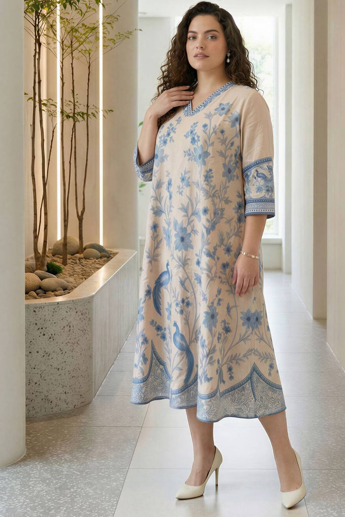 Plus Size Beige Ethnic Floral Print Cotton Midi Dress