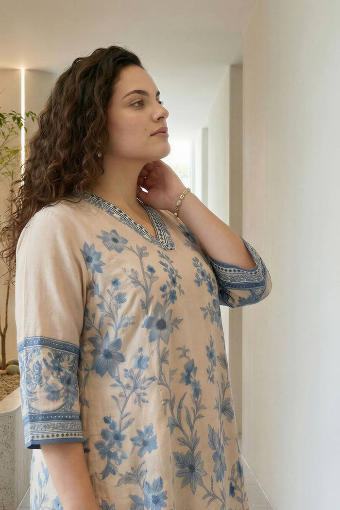 Plus Size Beige Ethnic Floral Print Cotton Midi Dress