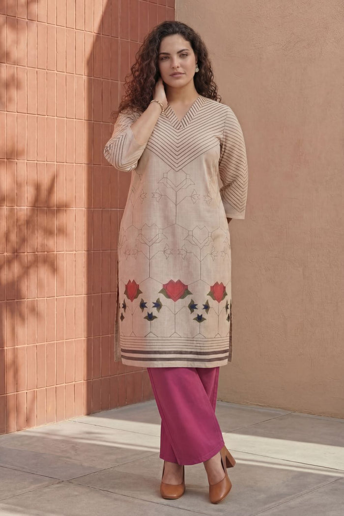 Plus Size Beige Geometric & Floral Print Cotton V Neck Kurta