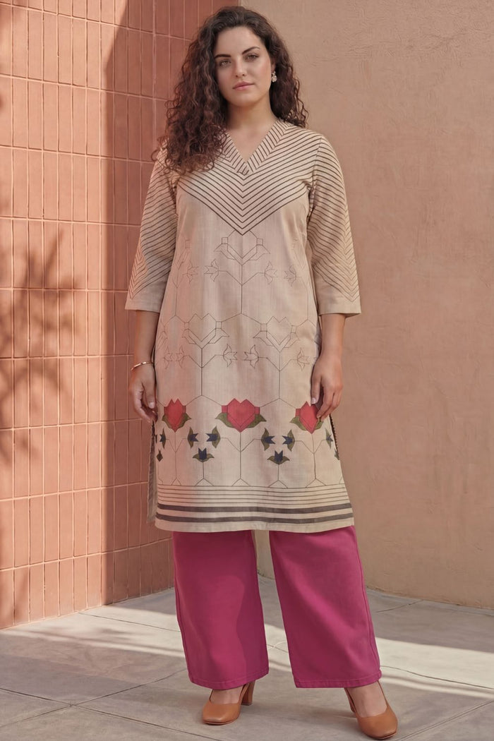Plus Size Beige Geometric & Floral Print Cotton V Neck Kurta