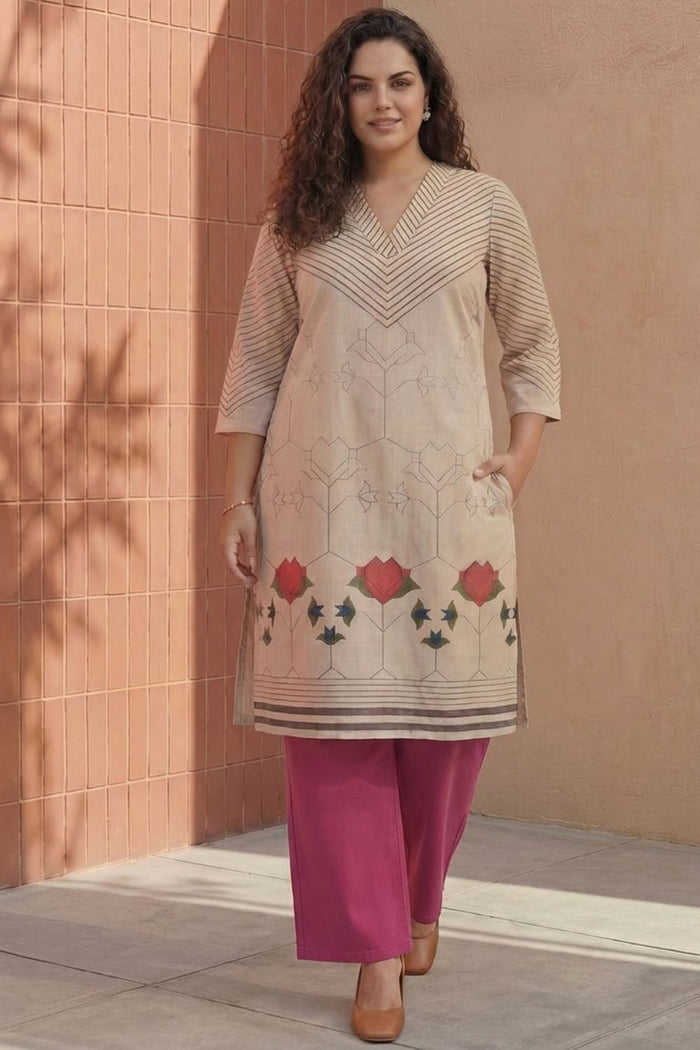 Plus Size Beige Geometric & Floral Print Cotton V Neck Kurta
