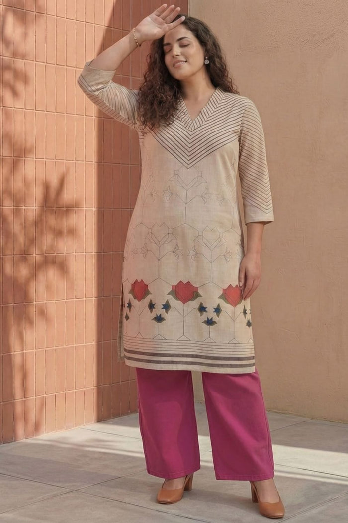 Plus Size Beige Geometric & Floral Print Cotton V Neck Kurta