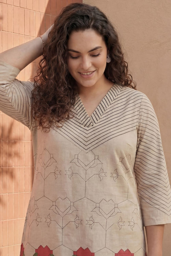 Plus Size Beige Geometric & Floral Print Cotton V Neck Kurta