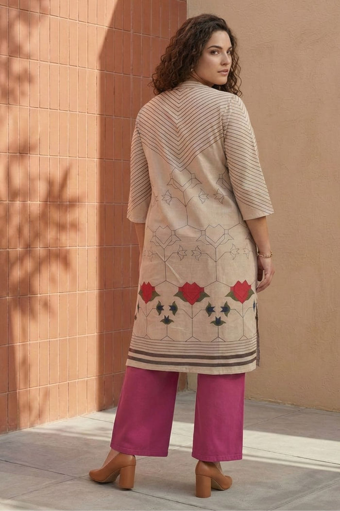 Plus Size Beige Geometric & Floral Print Cotton V Neck Kurta