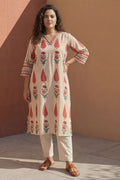 Plus Size Beige & Red Mughal Floral Booti Print Cotton V-Neck Kurta