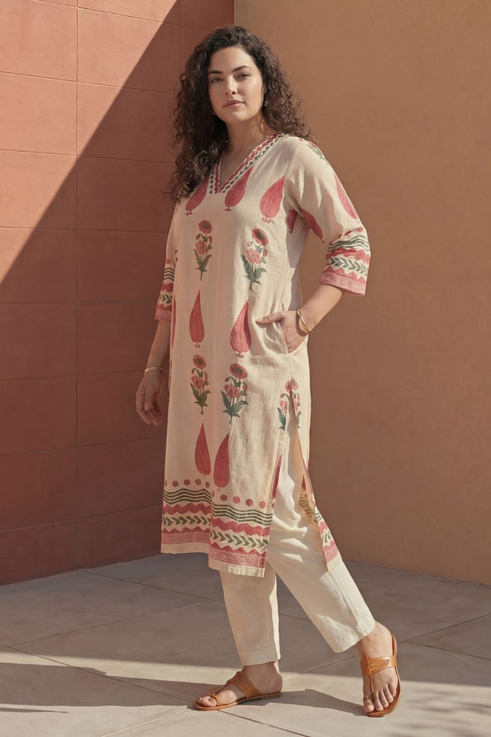 Plus Size Beige & Red Mughal Floral Booti Print Cotton V-Neck Kurta