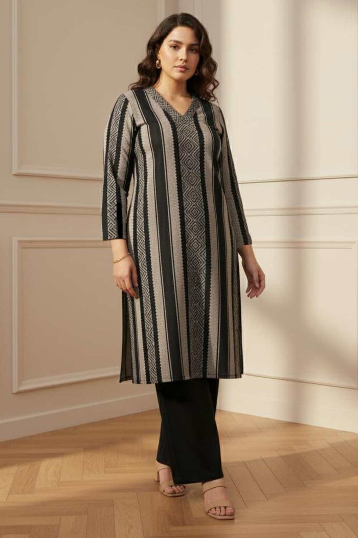 Plus Size Black Beige Stripe SnugWeave™ Winter Kurta