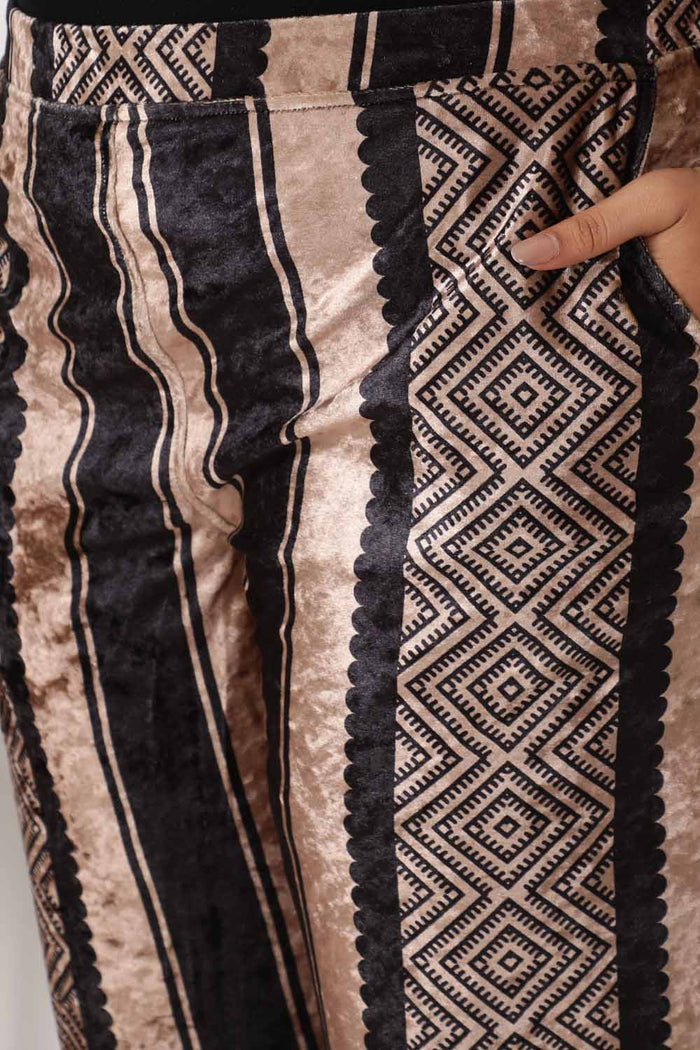 Plus Size Black Beige Stripe Velvet Coord Set