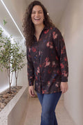 Plus Size Black Floral Print High Slit Longline Satin Shirt
