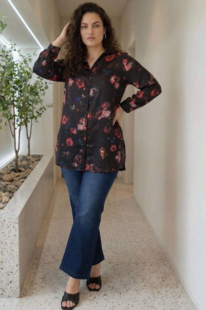 Plus Size Black Floral Print High Slit Longline Satin Shirt