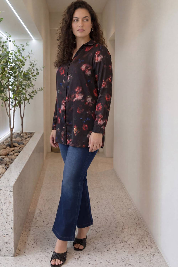 Plus Size Black Floral Print High Slit Longline Satin Shirt