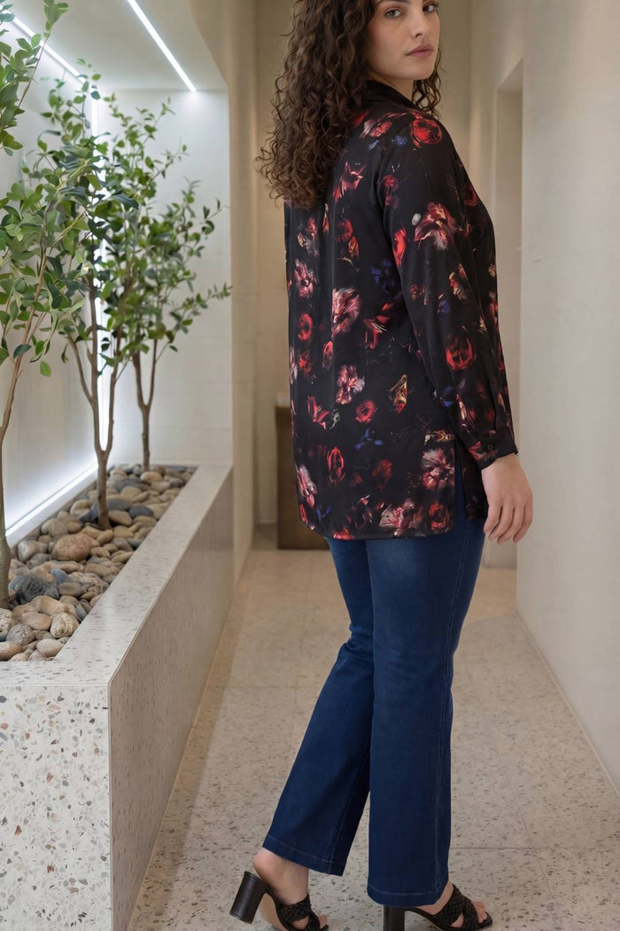 Plus Size Black Floral Print High Slit Longline Satin Shirt