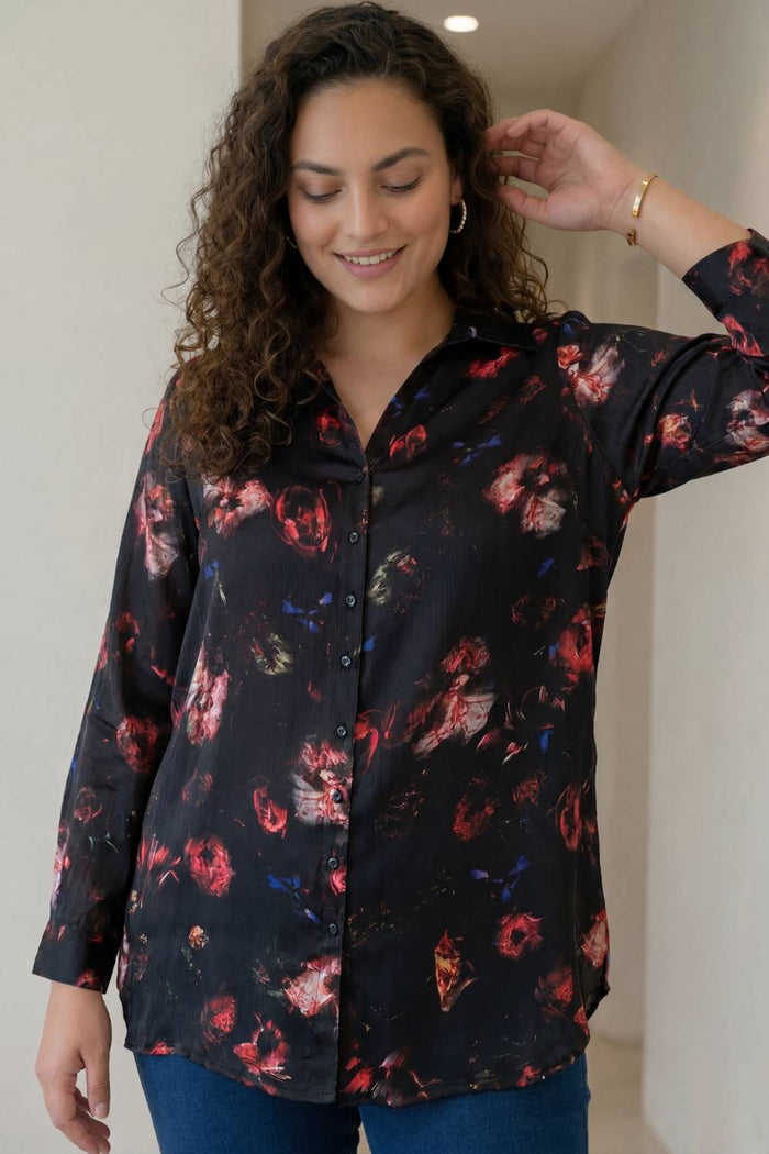 Plus Size Black Floral Print High Slit Longline Satin Shirt