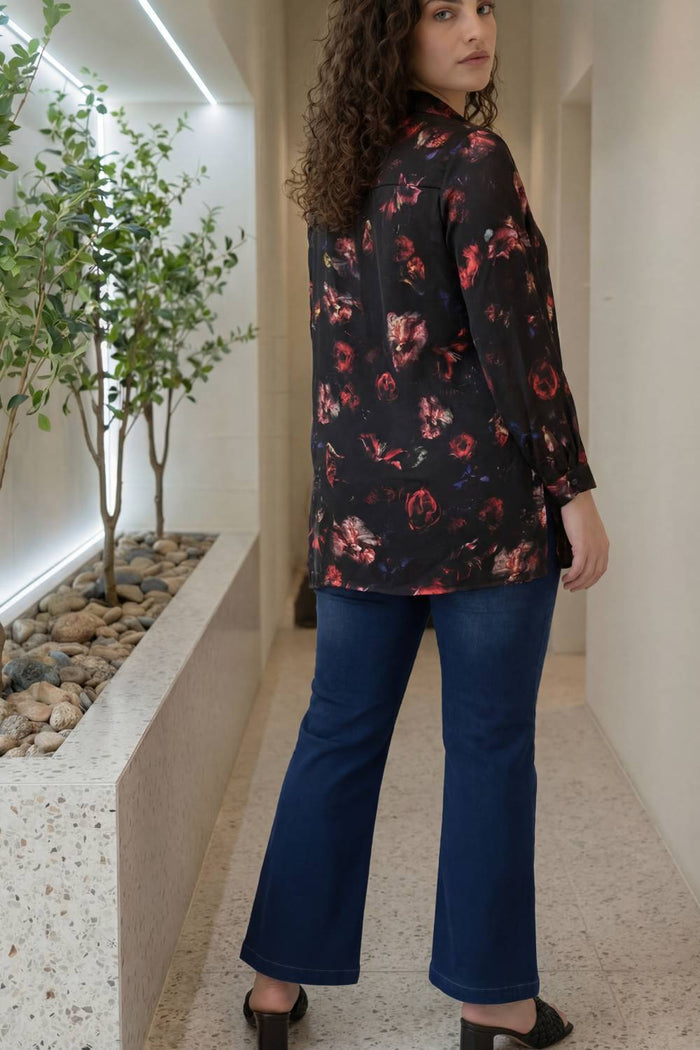 Plus Size Black Floral Print High Slit Longline Satin Shirt