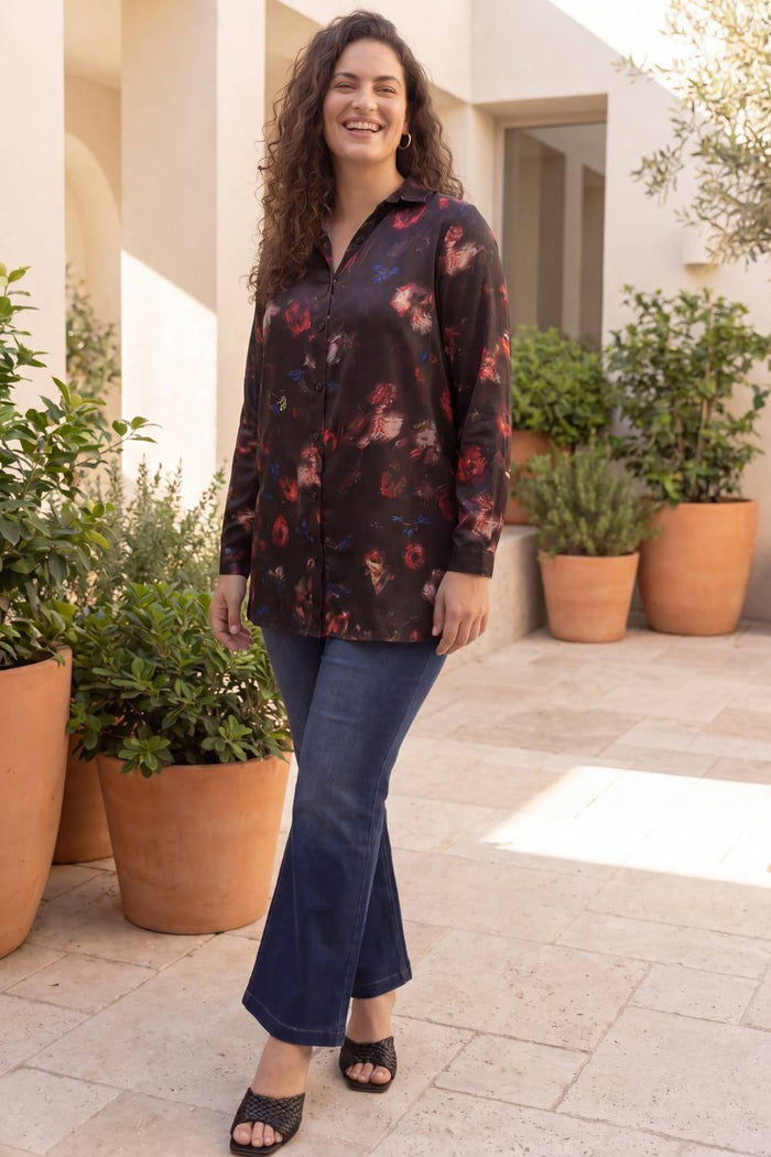 Plus Size Black Floral Print High Slit Longline Satin Shirt
