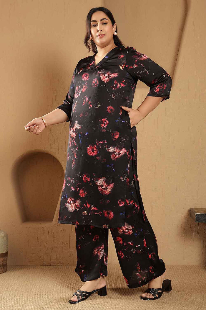 Plus Size Black Floral Print Kurta Satin Coord Set