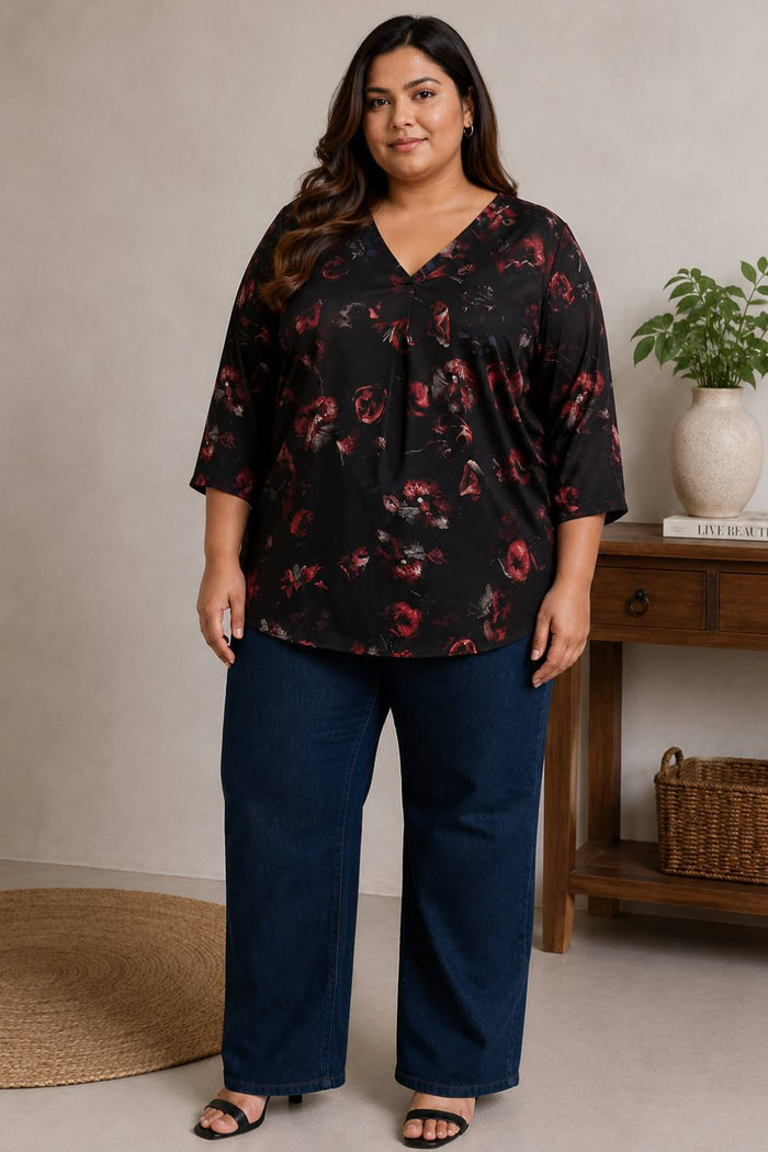 Plus Size Black Floral Print V-Neck Satin Top
