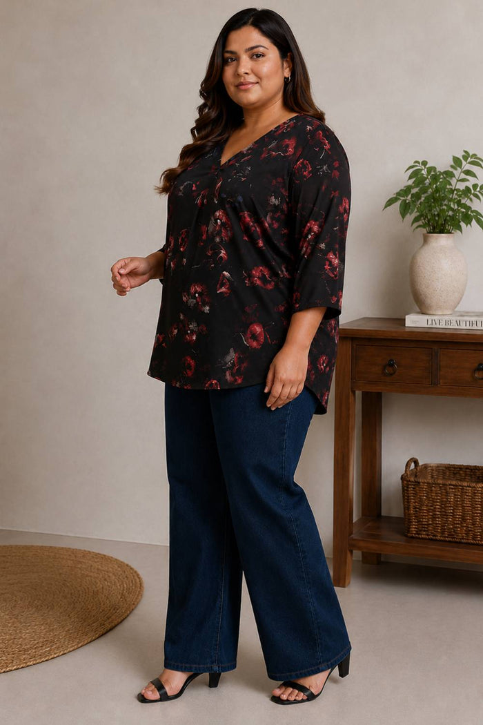 Plus Size Black Floral Print V-Neck Satin Top