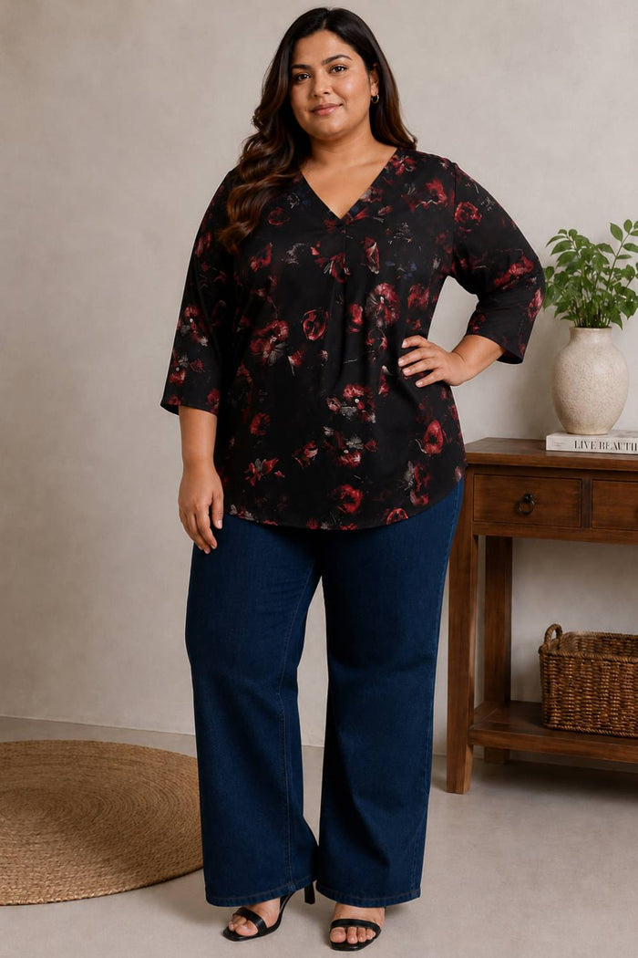 Plus Size Black Floral Print V-Neck Satin Top
