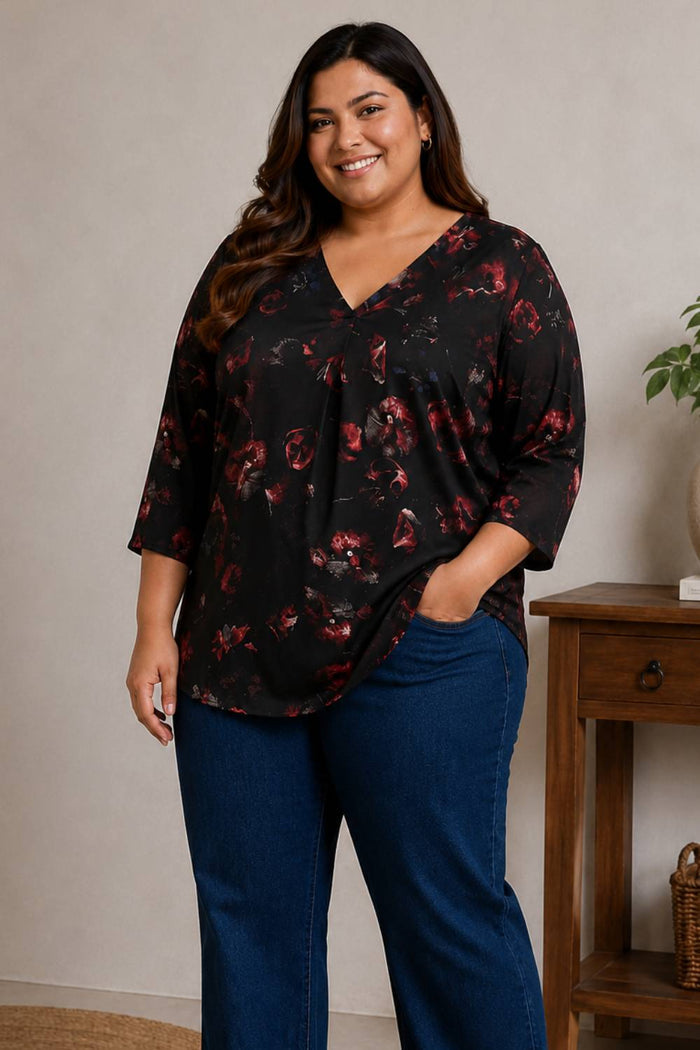 Plus Size Black Floral Print V-Neck Satin Top