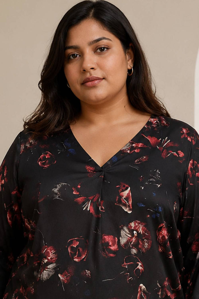 Plus Size Black Floral Print V-Neck Satin Top