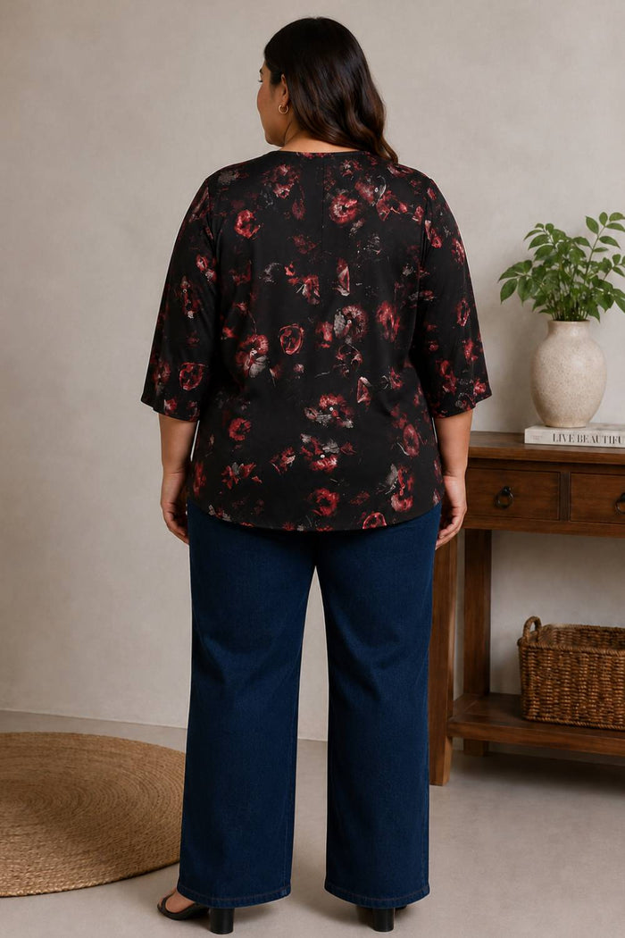 Plus Size Black Floral Print V-Neck Satin Top