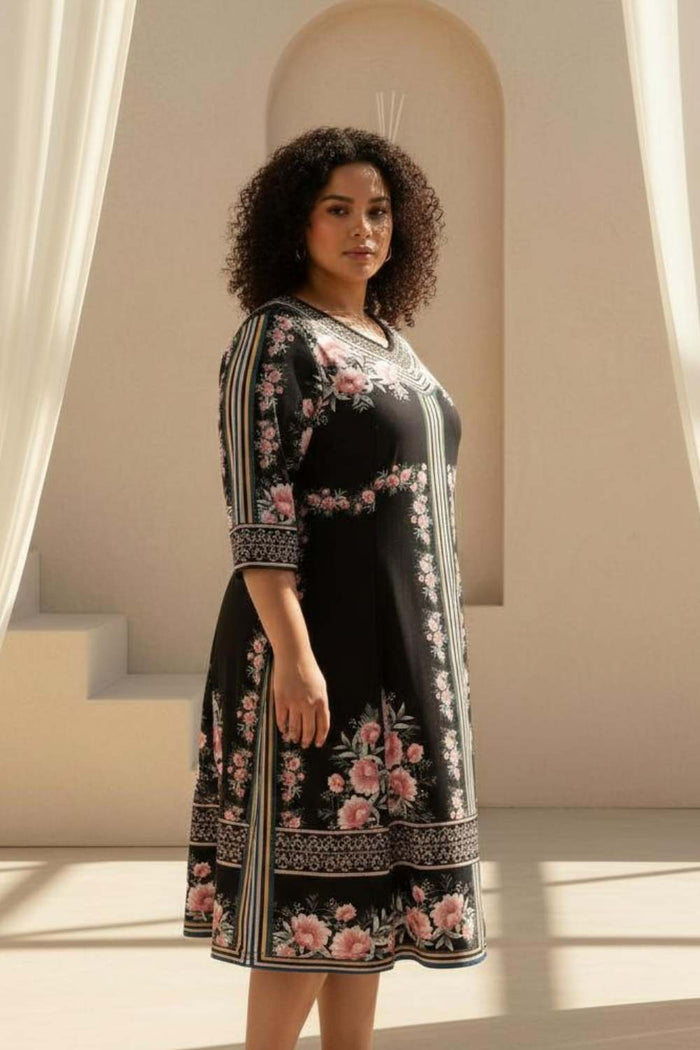 Plus Size Black Floral Printed A Line Dress