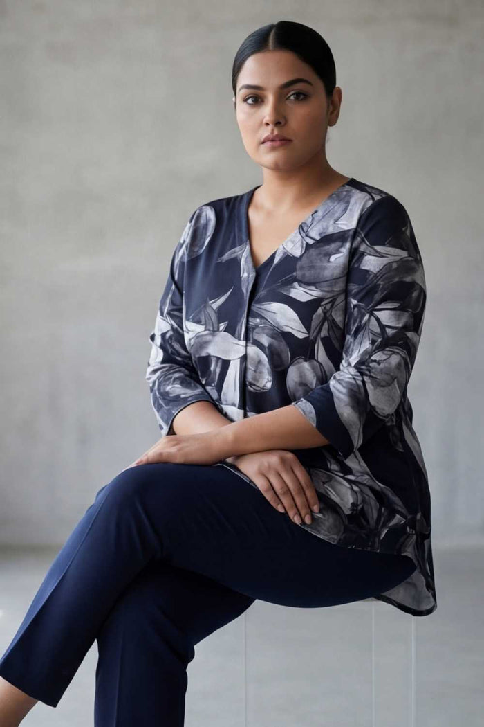 Plus Size Black Floral V Neck  SnugWeave Winter Top