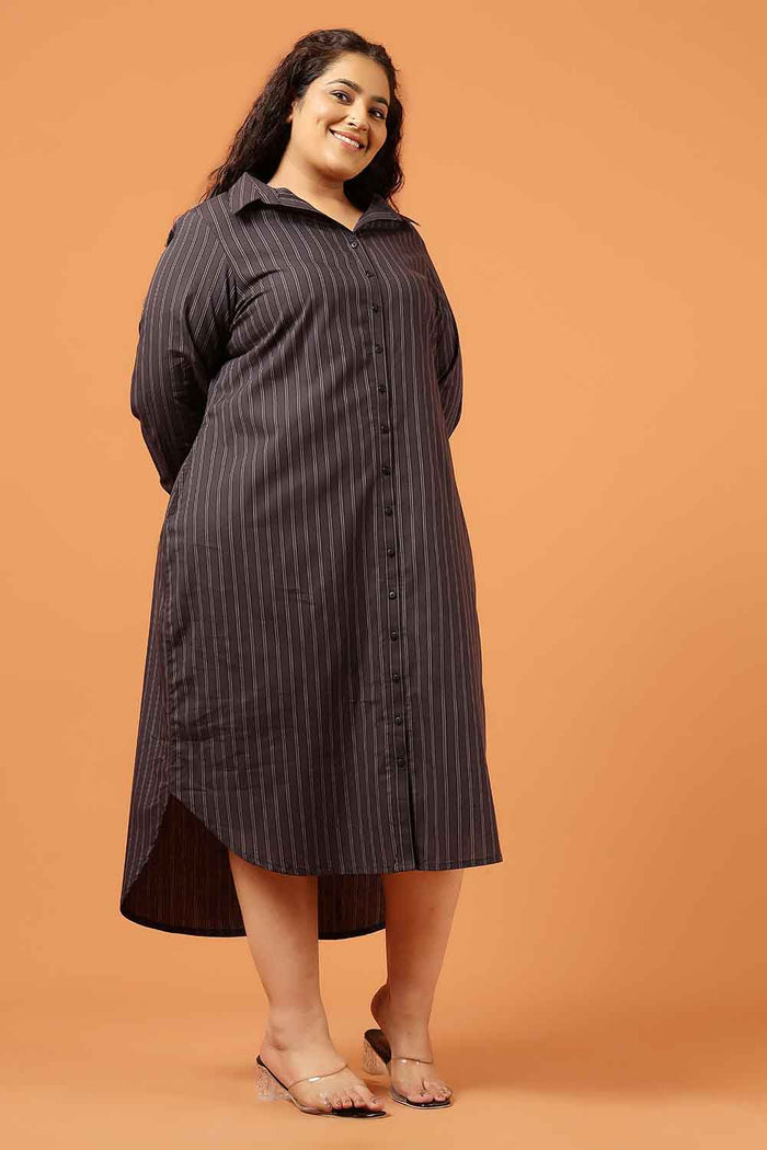Plus Size Black Pinstripe Cotton Shirt Dress