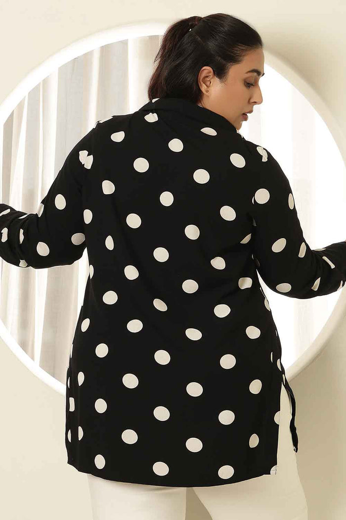 Plus Size Black Polka Print High Slit Longline Shirt