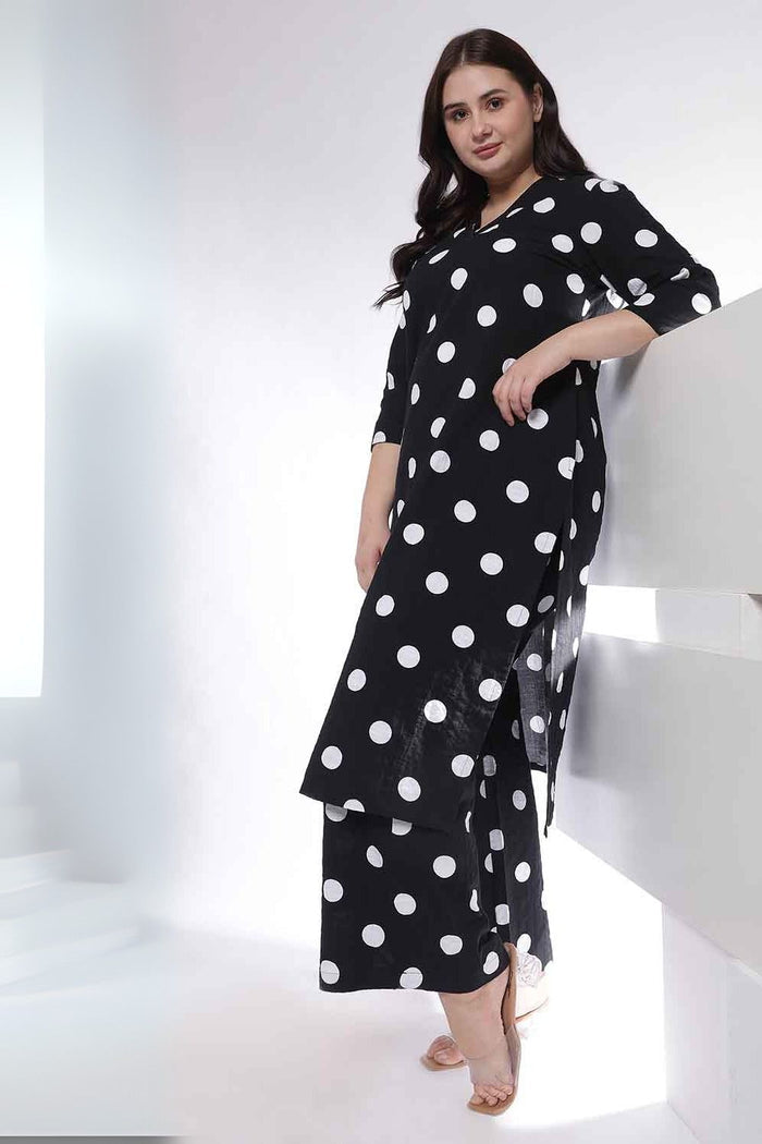 Plus Size Black Polka Print Kurta Coord Set